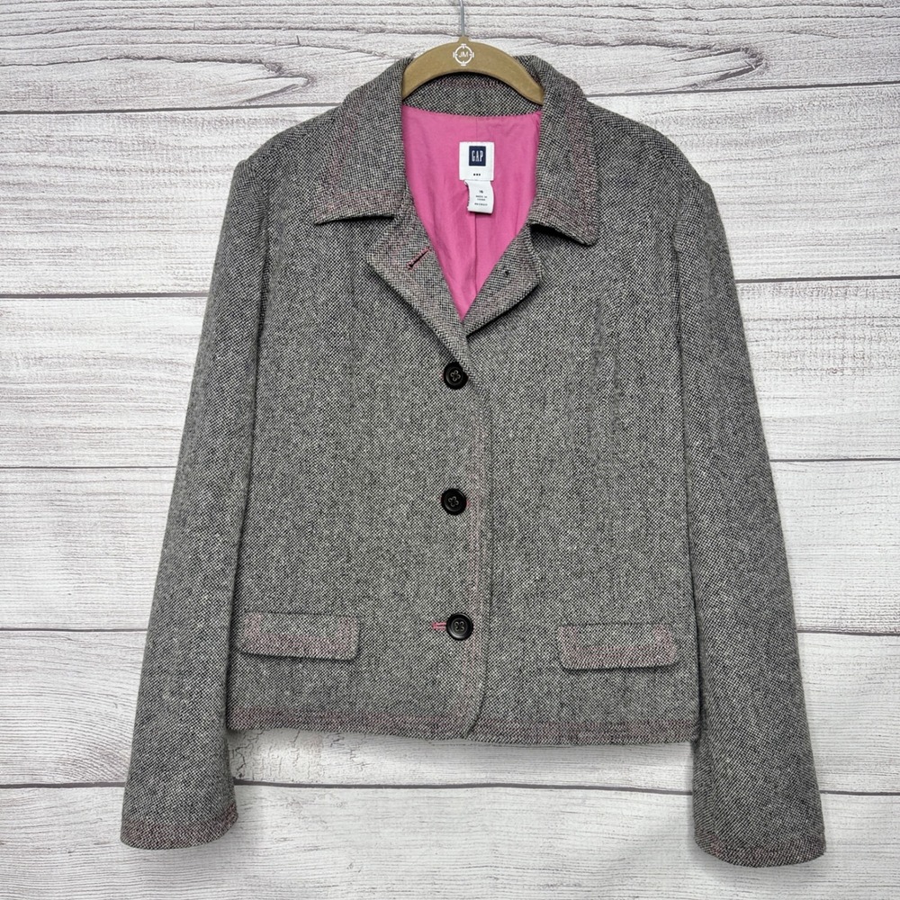 GAP Women's Tweed Wool Blend Blazer Pink‎ Lining Button Front Size 16